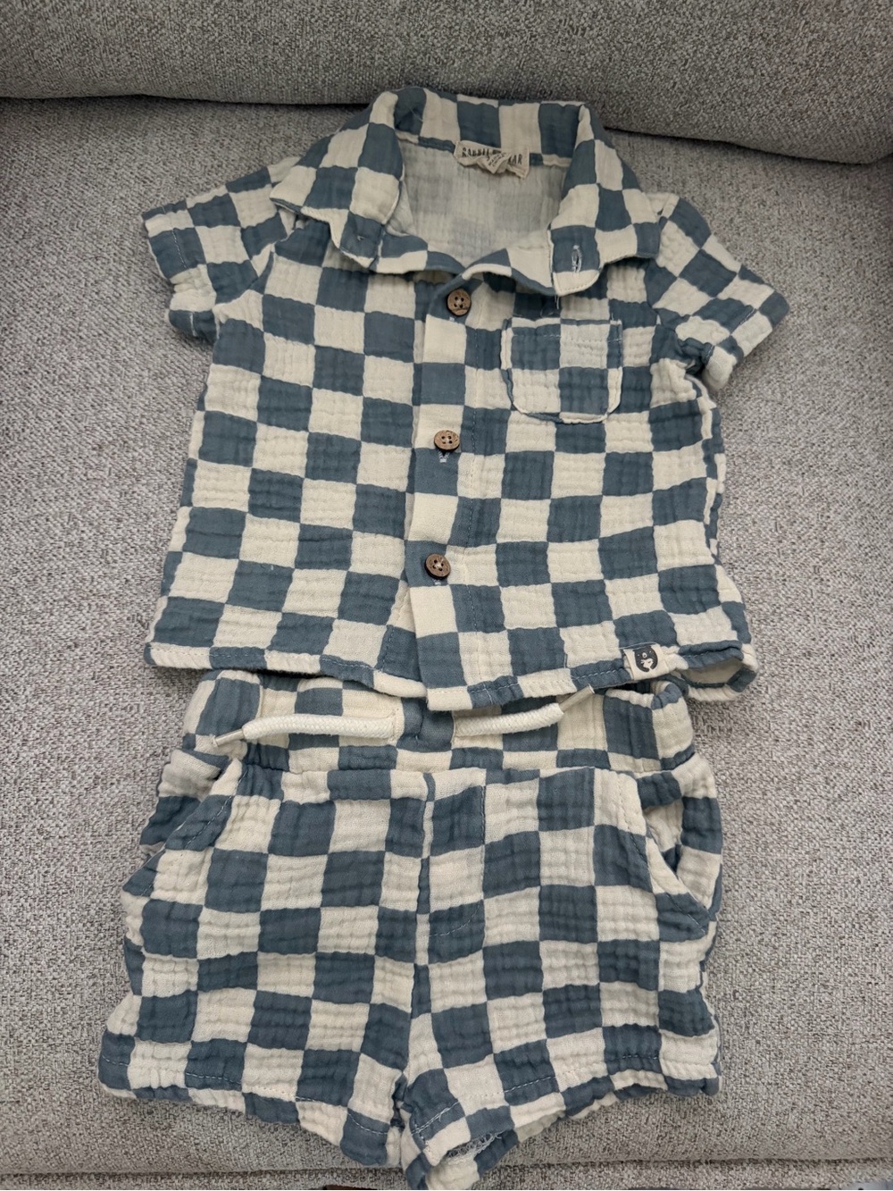 Blue and Cream Checkered Set - Short Sleeve & Shorts. 100% organic cotton